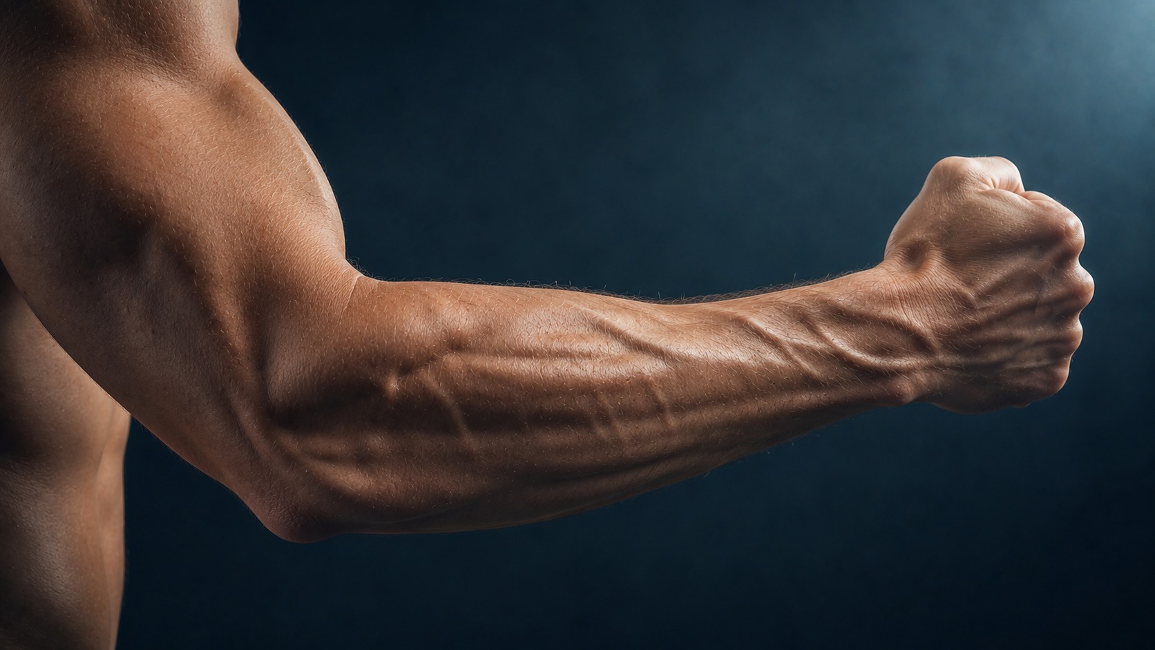 Brazo atlético extendido con puño cerrado — tratamiento de epicondilitis por el Dr. Samer Amaz en Santiago de Compostela