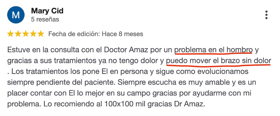 Opinión de Mary Cid sobre el Dr. Samer Amaz, traumatólogo de hombro en Santiago de Compostela