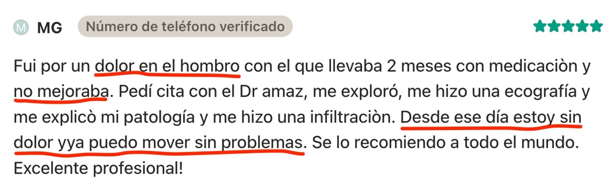 Testimonio de MG, paciente del Dr. Samer Amaz tratada con infiltración ecoguiada de hombro en Santiago de Compostela