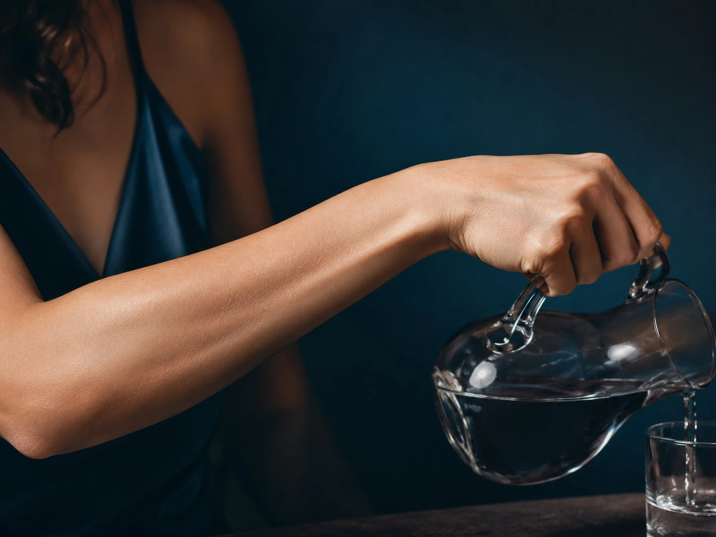 Antebrazo femenino sirviendo agua desde una jarra con naturalidad y sin dolor, gesto cotidiano recuperado tras tratar el codo de golfista