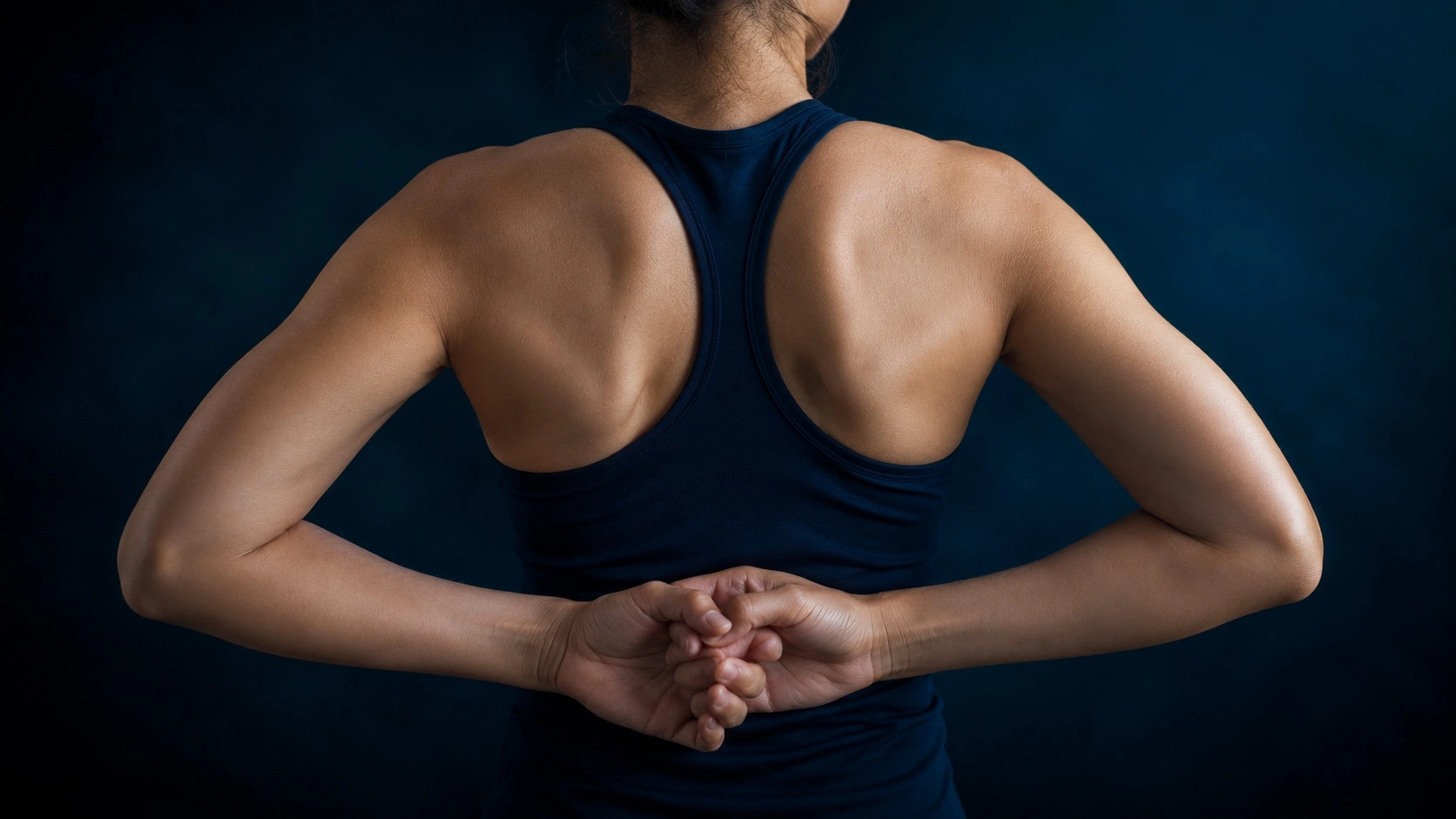 Mujer con las manos entrelazadas tras la espalda mostrando movilidad completa de hombro, rango recuperado tras los ejercicios para la tendinitis de hombro
