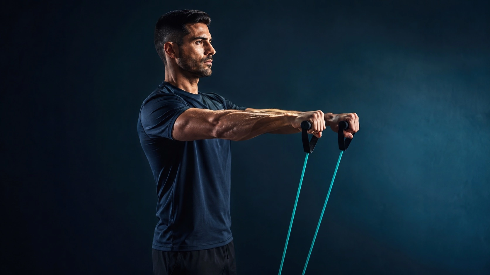 Hombre realizando elevaciones frontales con banda elástica turquesa hasta la altura del hombro, ejercicio de fase avanzada para la tendinitis de hombro