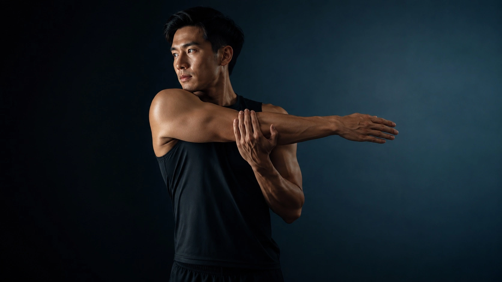 Hombre realizando el estiramiento cruzado del manguito rotador, llevando el brazo horizontal ante el pecho y presionando desde el codo, para la tendinitis de hombro