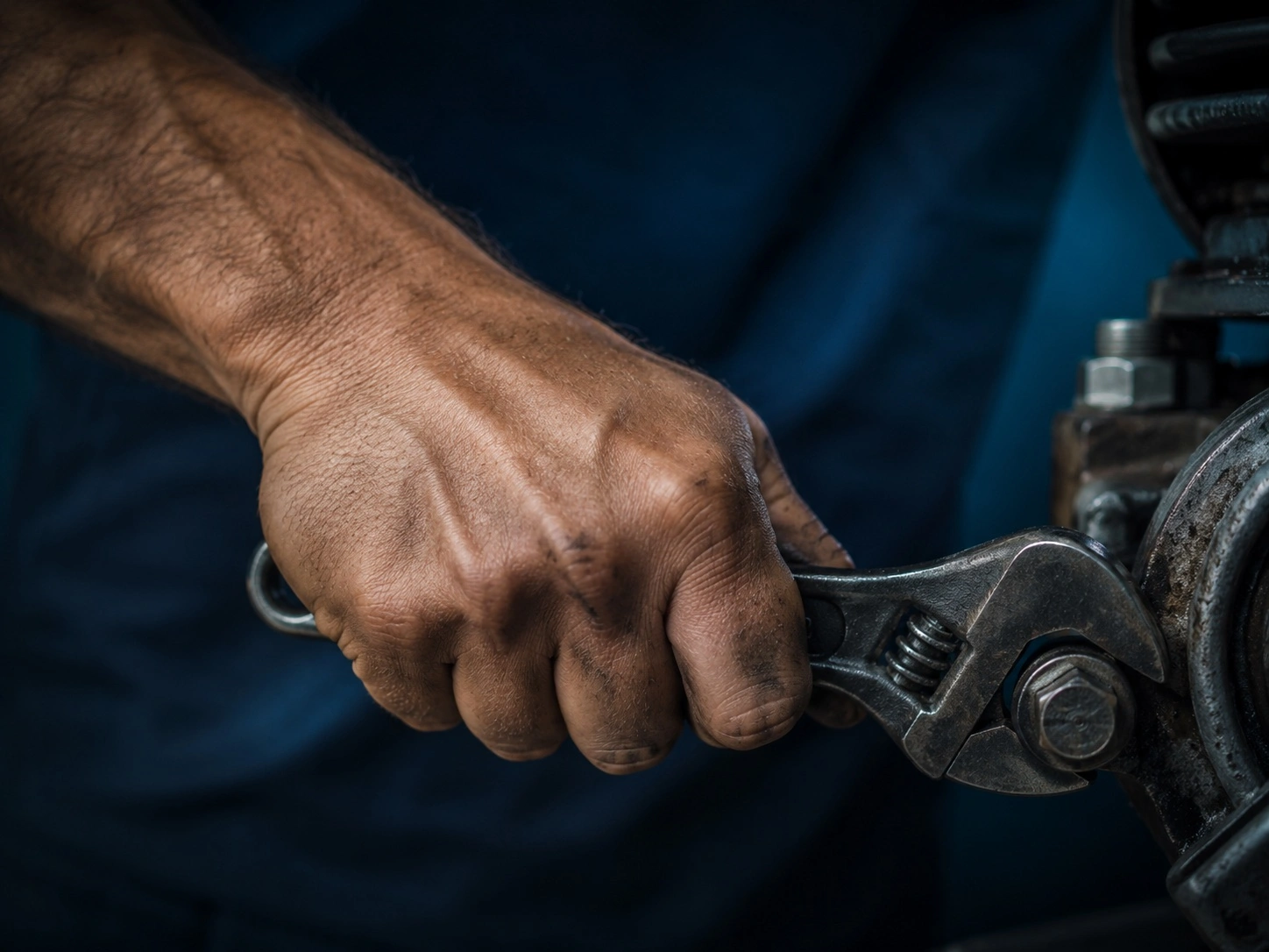 Mano masculina de mecánico apretando una tuerca con una llave inglesa, gesto de esfuerzo repetitivo que sobrecarga la muñeca y favorece el túnel carpiano