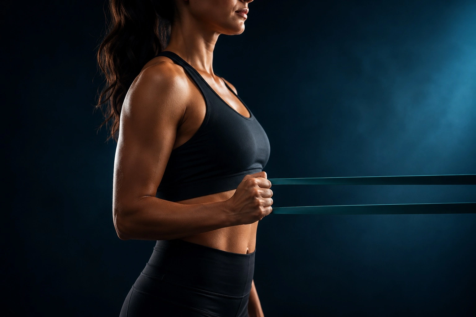 Mujer realizando rotaciones de hombro con banda elástica, con el codo pegado al cuerpo, ejercicio de fortalecimiento del manguito rotador para la tendinitis de hombro