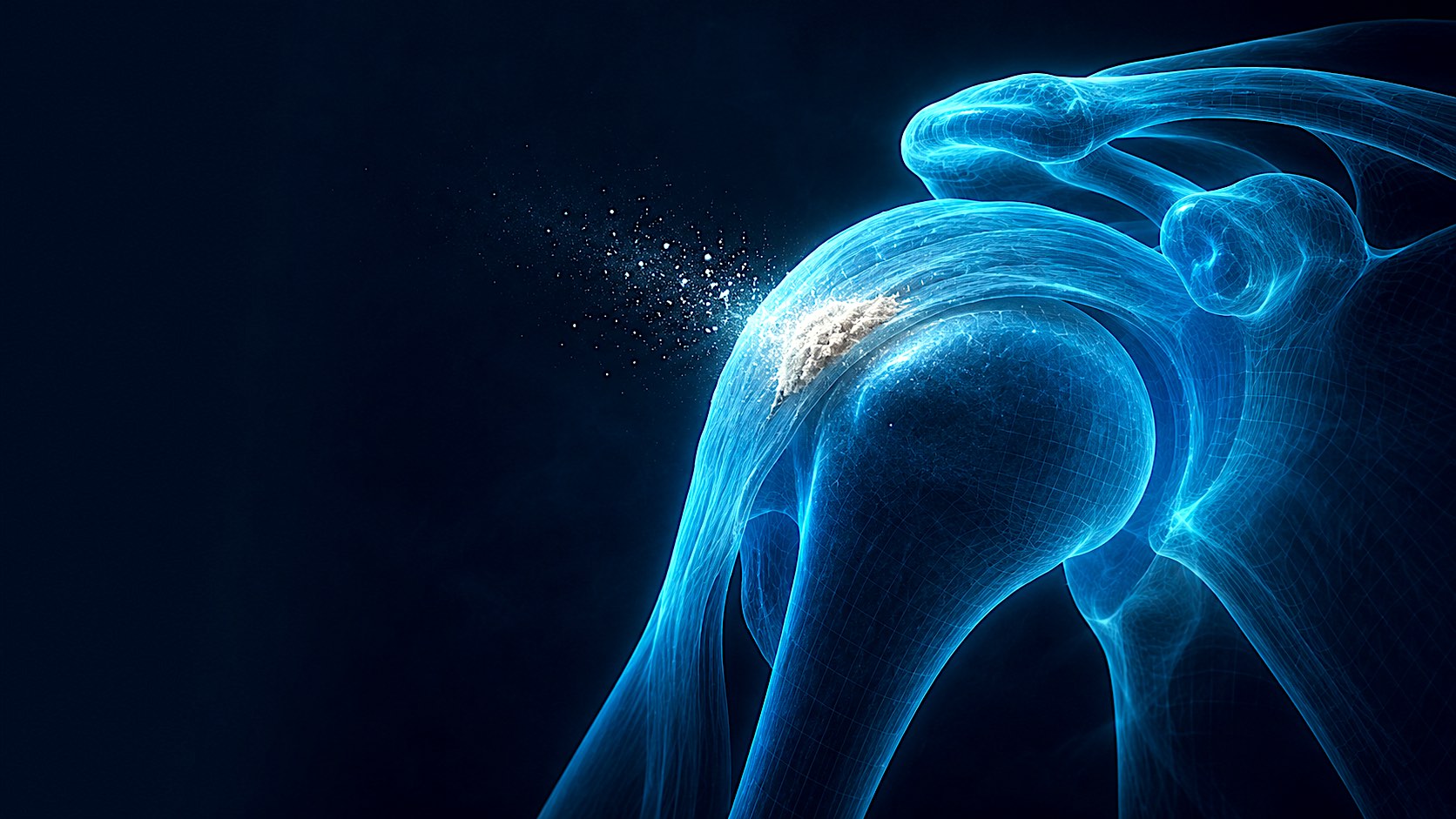 Tendón del manguito rotador representado como visualización anatómica 3D con la calcificación fragmentándose y disolviéndose — barbotaje o lavado ecoguiado de la tendinitis calcificante de hombro en Santiago de Compostela